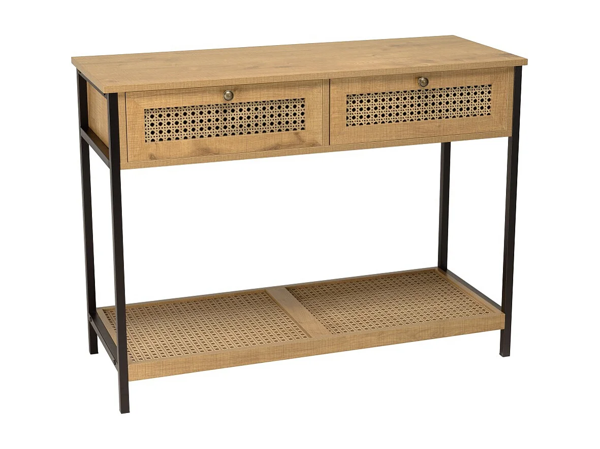 CHARLIE - Console bois marron 2 tiroirs 1 étagère cannage pieds métal