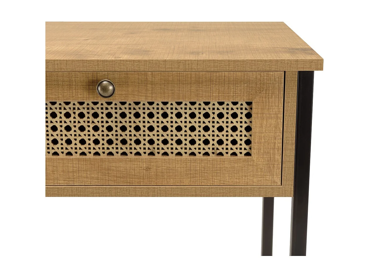 CHARLIE - Console bois marron 2 tiroirs 1 étagère cannage pieds métal