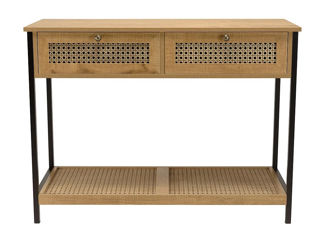 CHARLIE - Console bois marron 2 tiroirs 1 étagère cannage pieds métal