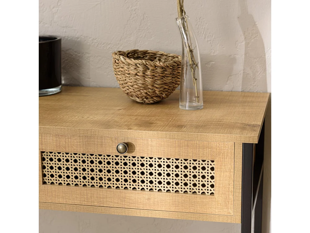 CHARLIE - Console bois marron 2 tiroirs 1 étagère cannage pieds métal