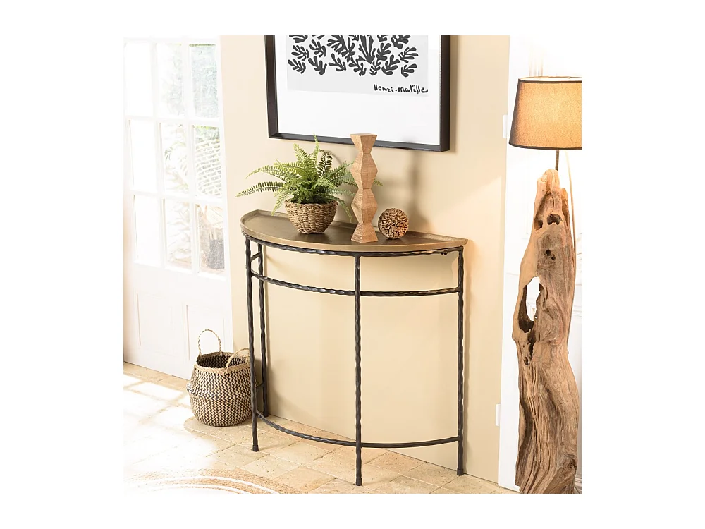 JOHAN - Console demi-lune 90x36cm alu doré pieds métal noirs torsadés