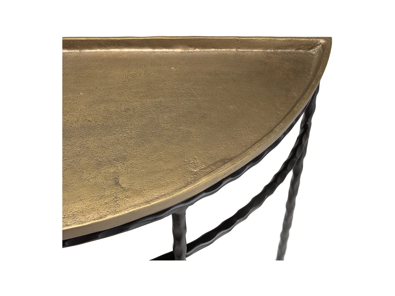 JOHAN - Console demi-lune 90x36cm alu doré pieds métal noirs torsadés