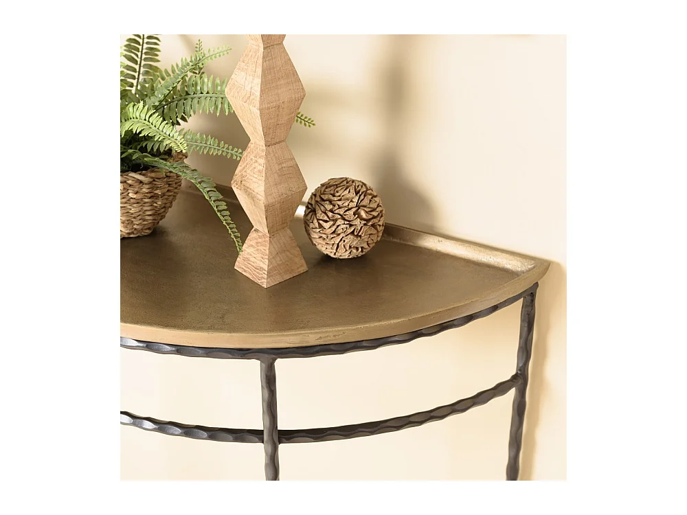JOHAN - Console demi-lune 90x36cm alu doré pieds métal noirs torsadés