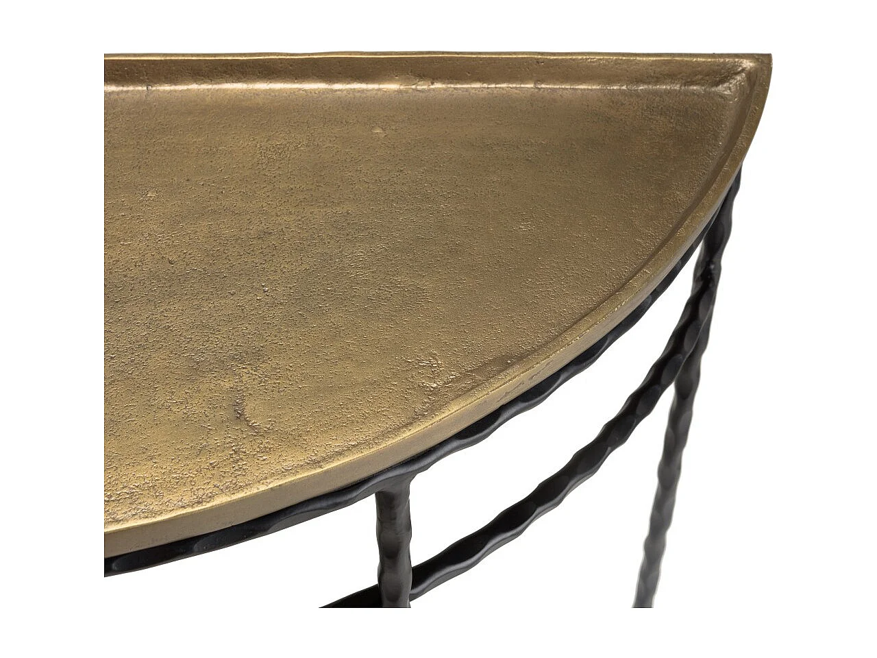 JOHAN - Console demi-lune 90x36cm alu doré pieds métal noirs torsadés