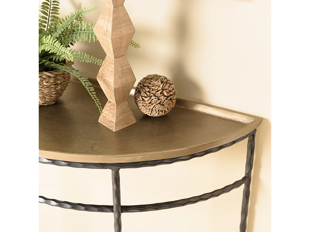 JOHAN - Console demi-lune 90x36cm alu doré pieds métal noirs torsadés