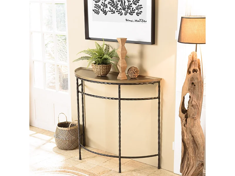 JOHAN - Console demi-lune 90x36cm alu doré pieds métal noirs torsadés