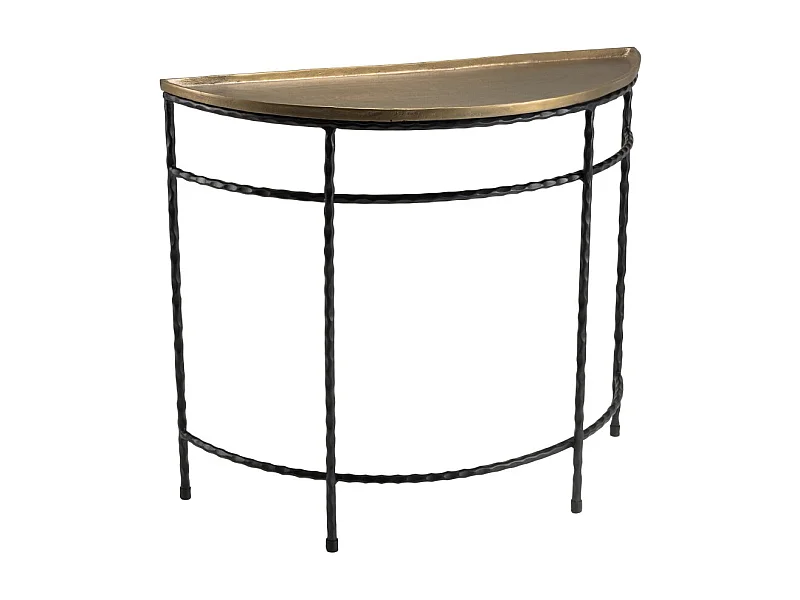 JOHAN - Console demi-lune 90x36cm alu doré pieds métal noirs torsadés