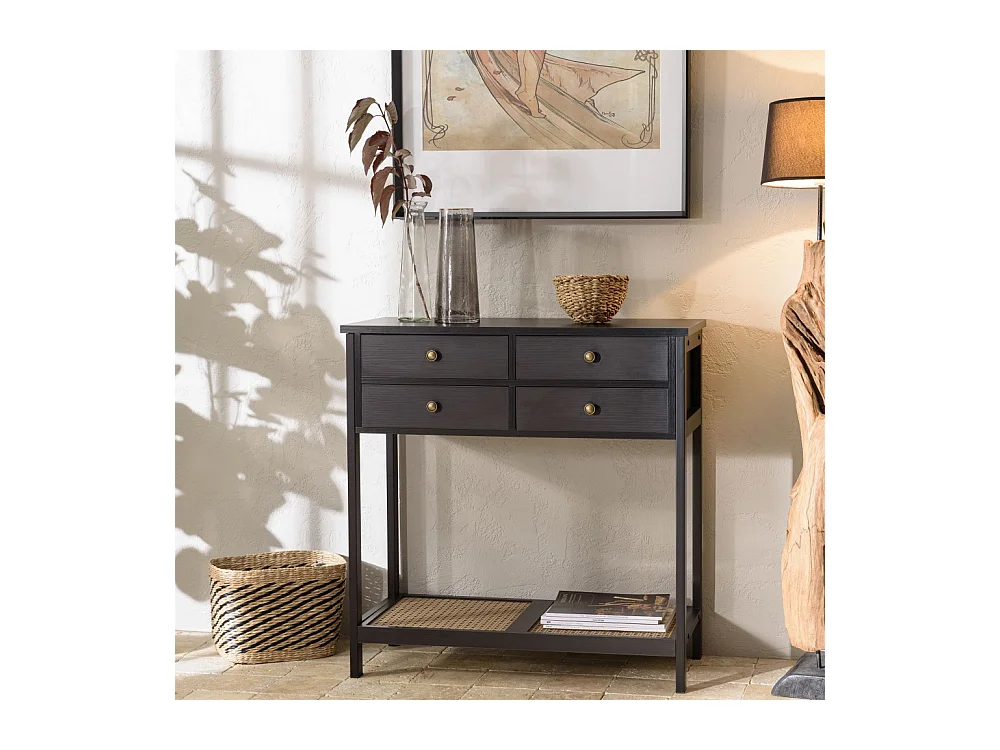 CHARLIE - Console bois noire 4 tiroirs 1 étagère effet cannage