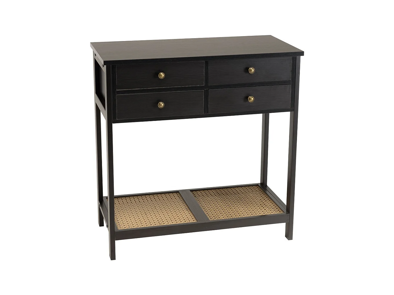 CHARLIE - Console bois noire 4 tiroirs 1 étagère effet cannage