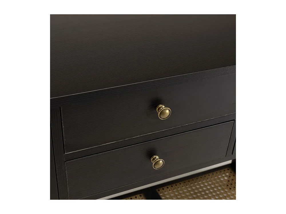 CHARLIE - Console bois noire 4 tiroirs 1 étagère effet cannage