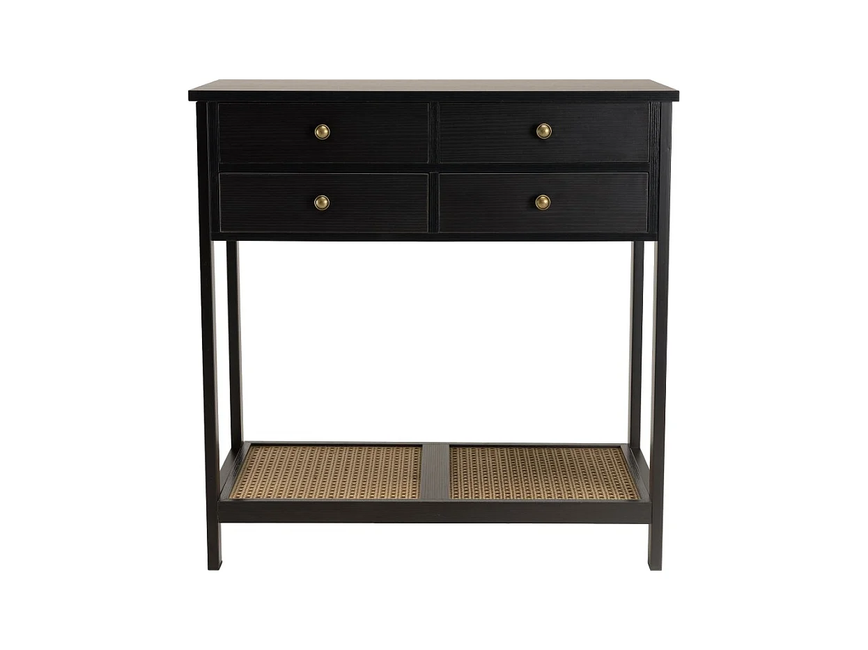 CHARLIE - Console bois noire 4 tiroirs 1 étagère effet cannage