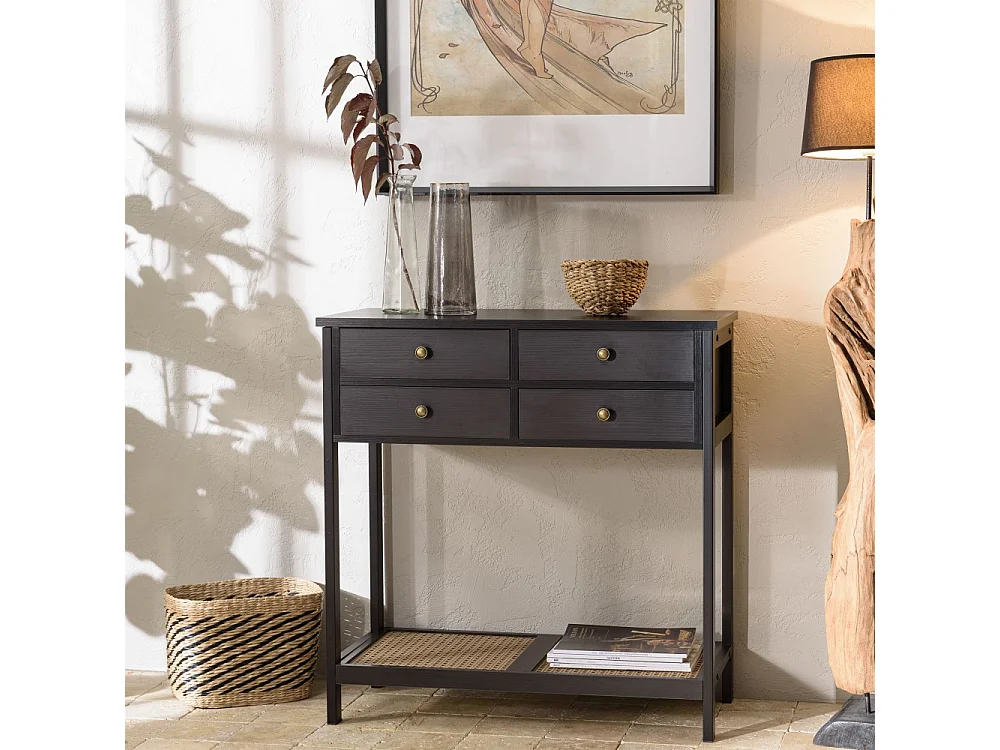 CHARLIE - Console bois noire 4 tiroirs 1 étagère effet cannage