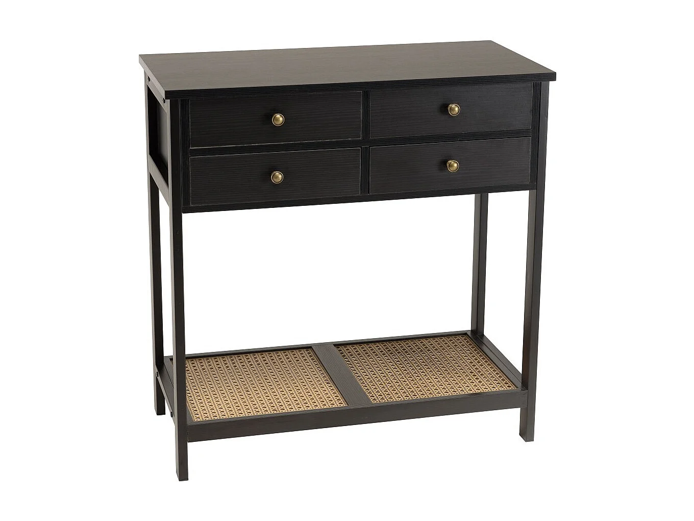 CHARLIE - Console bois noire 4 tiroirs 1 étagère effet cannage