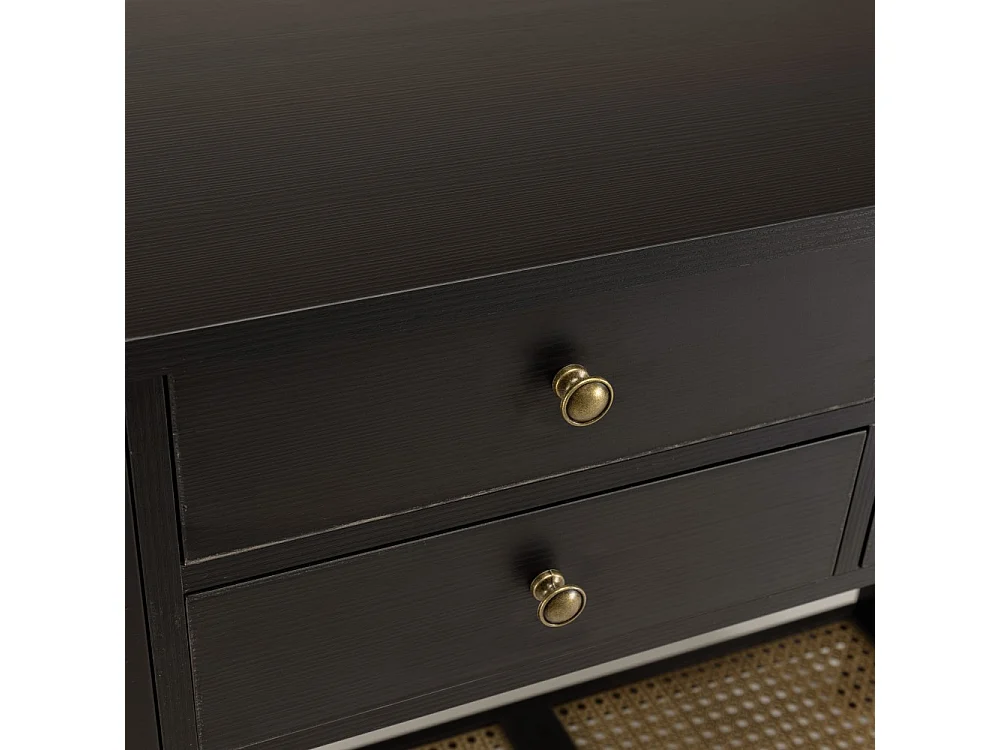 CHARLIE - Console bois noire 4 tiroirs 1 étagère effet cannage