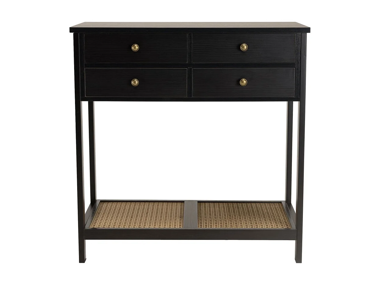 CHARLIE - Console bois noire 4 tiroirs 1 étagère effet cannage