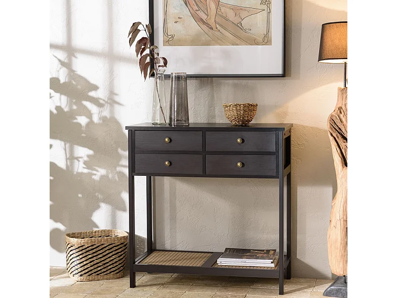 CHARLIE - Console bois noire 4 tiroirs 1 étagère effet cannage