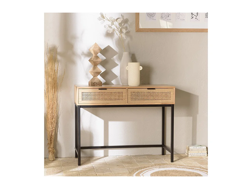 MARCEAU - Console 2 tiroirs cannage naturel pieds métal noir