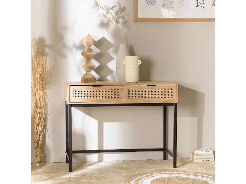 MARCEAU - Console en bois 2 tiroirs cannage naturel pieds métal noir