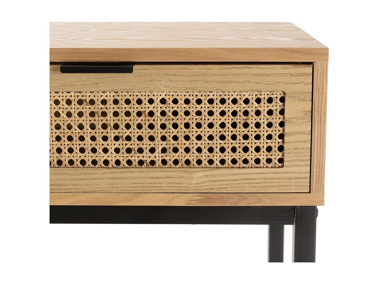 MARCEAU - Console en bois 2 tiroirs cannage naturel pieds métal noir