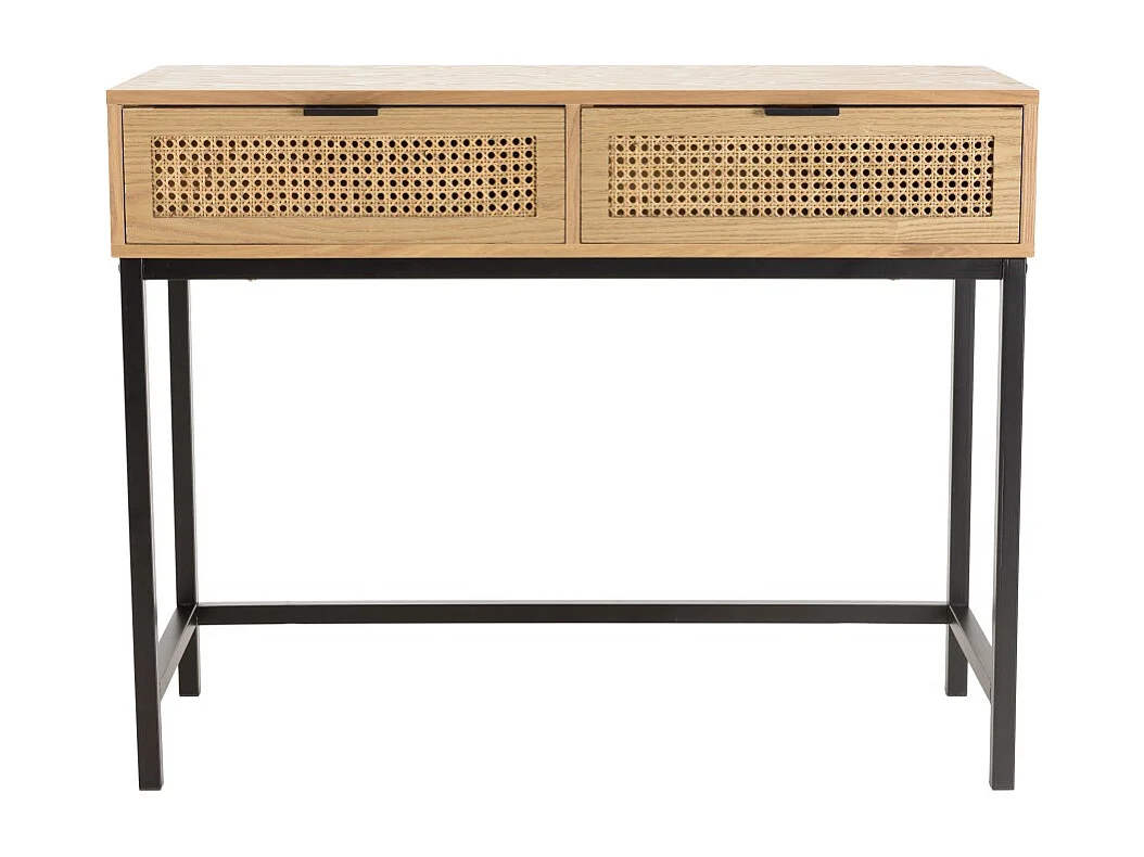 MARCEAU - Console en bois 2 tiroirs cannage naturel pieds métal noir