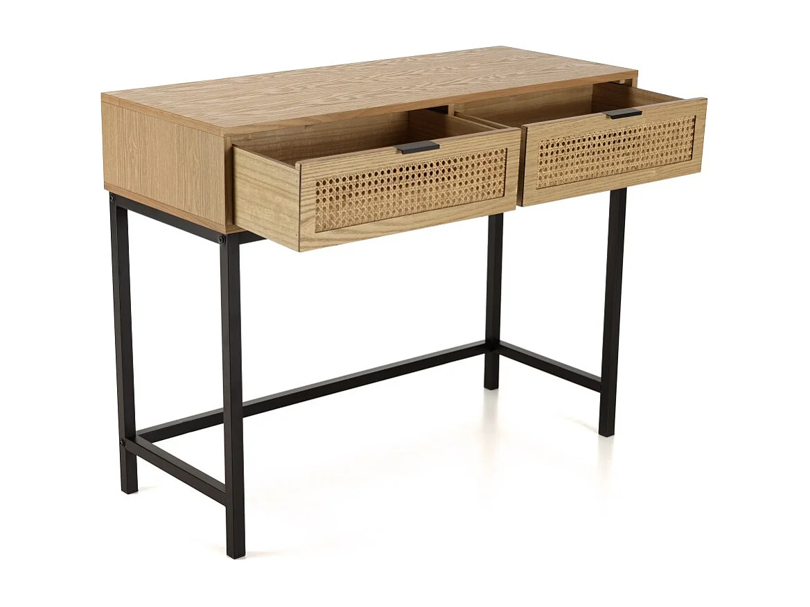 MARCEAU - Console en bois 2 tiroirs cannage naturel pieds métal noir