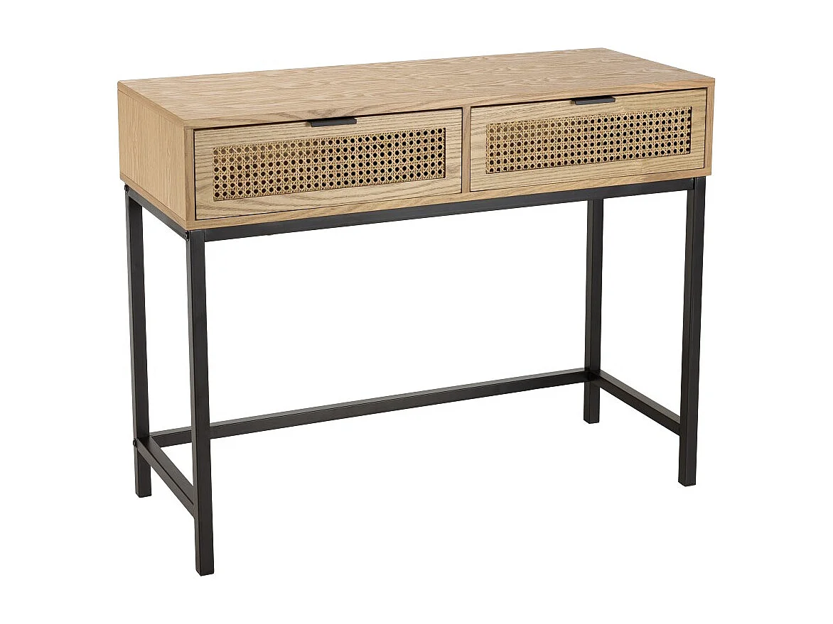 MARCEAU - Console en bois 2 tiroirs cannage naturel pieds métal noir