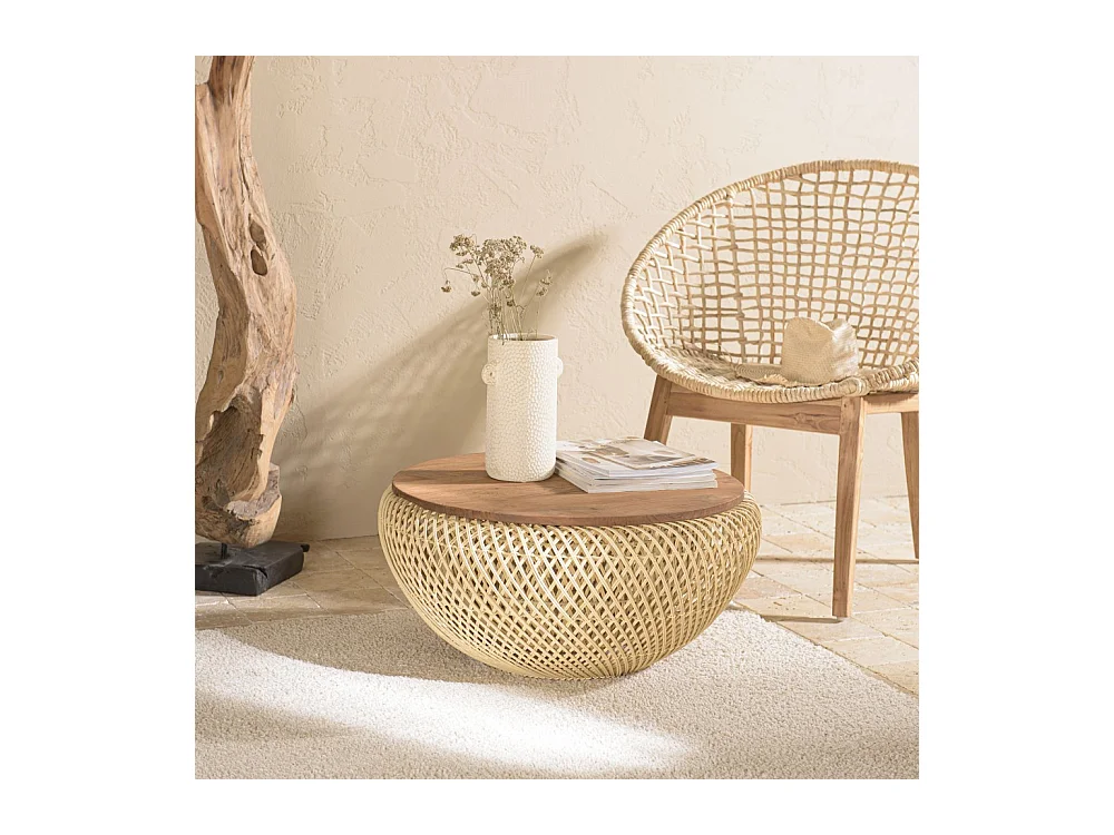SIXTINE - Table basse ronde 65x65cm en rotin beige plateau amovible