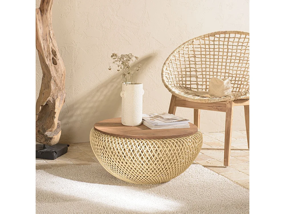 SIXTINE - Table basse ronde diam68 plateau bois teck recyclé rotin beige