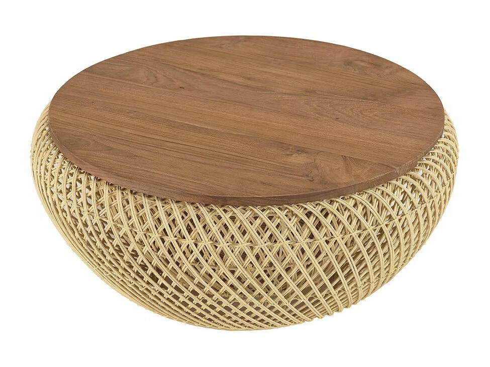 SIXTINE - Table basse ronde diam68 plateau bois teck recyclé rotin beige