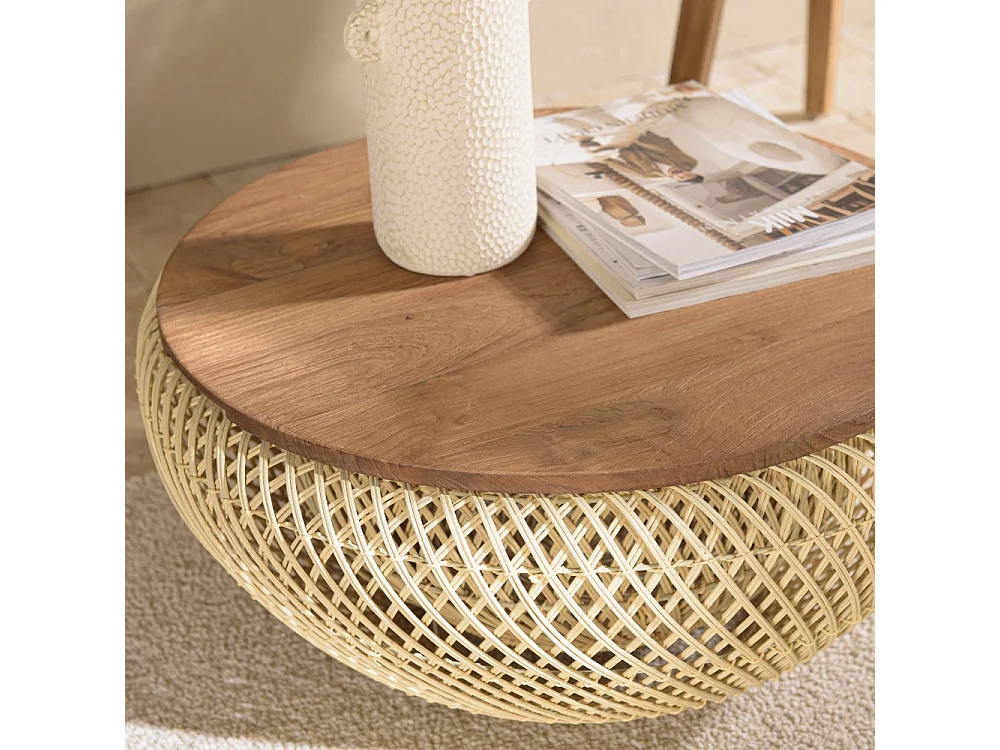 SIXTINE - Table basse ronde diam68 plateau bois teck recyclé rotin beige