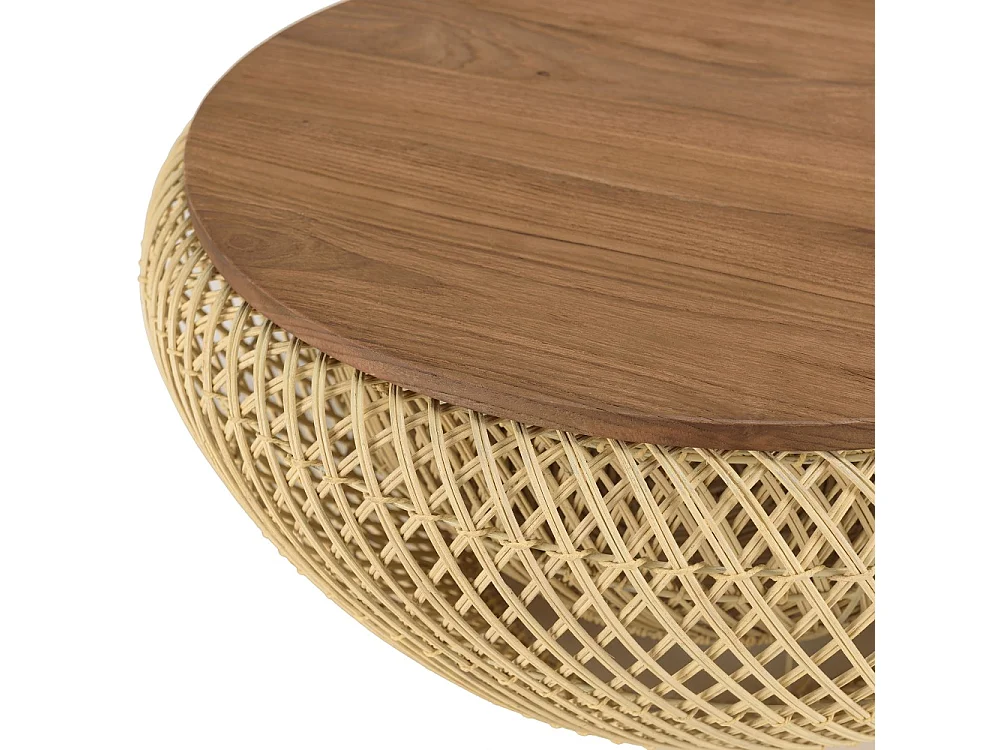 SIXTINE - Table basse ronde diam68 plateau bois teck recyclé rotin beige