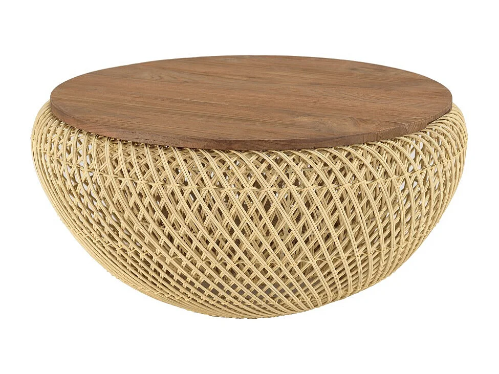 SIXTINE - Table basse ronde diam68 plateau bois teck recyclé rotin beige
