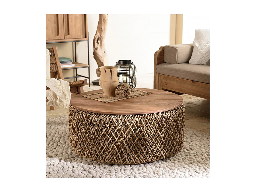 SIXTINE - Table basse ronde 85x85cm en tissage de fibre de cocotier