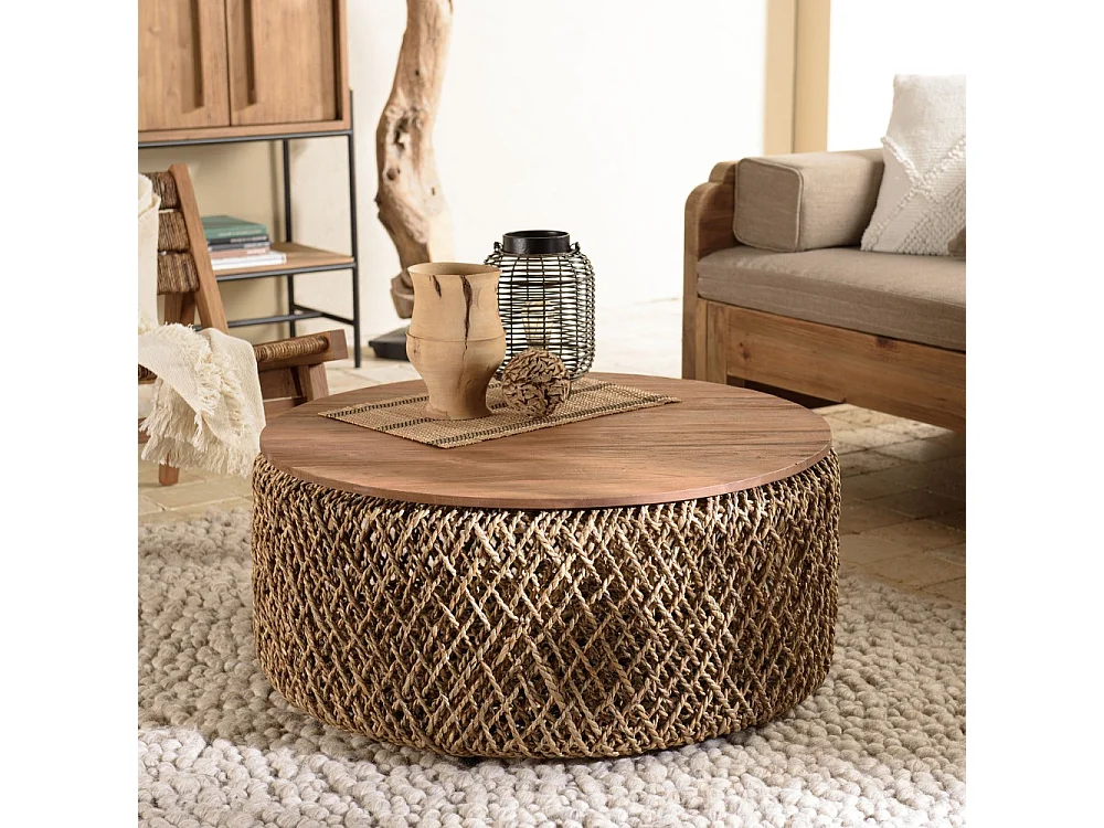 SIXTINE - Table basse ronde diam85 rotin plateau bois de teck recyclé