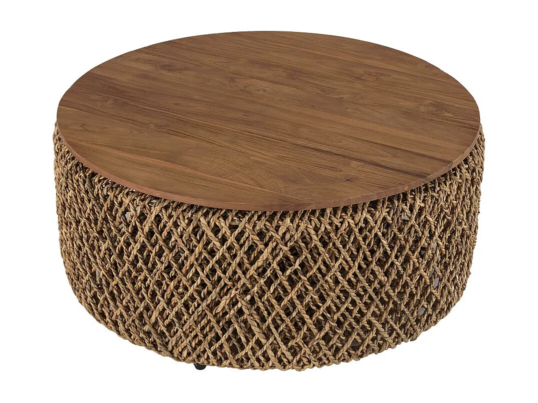 SIXTINE - Table basse ronde diam85 rotin plateau bois de teck recyclé