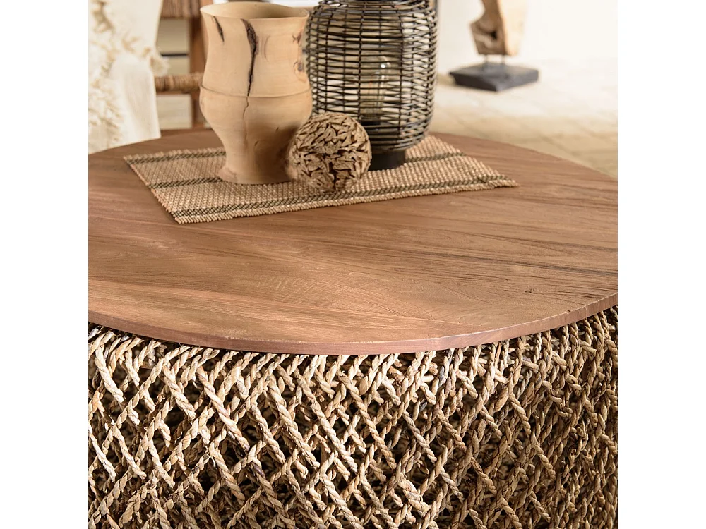 SIXTINE - Table basse ronde diam85 rotin plateau bois de teck recyclé