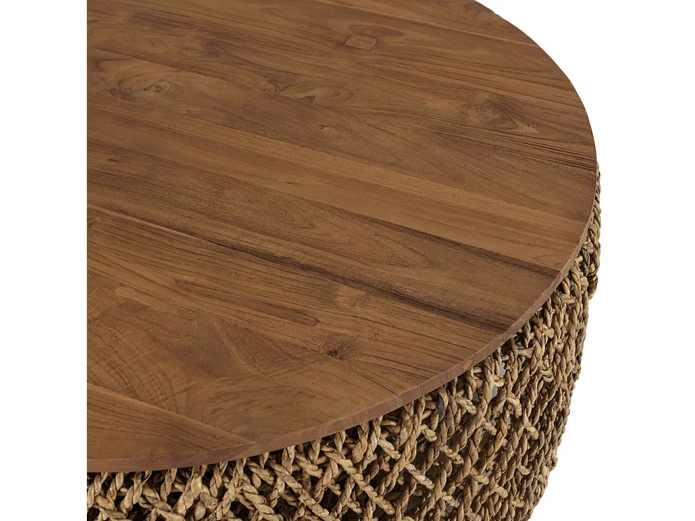 SIXTINE - Table basse ronde diam85 rotin plateau bois de teck recyclé