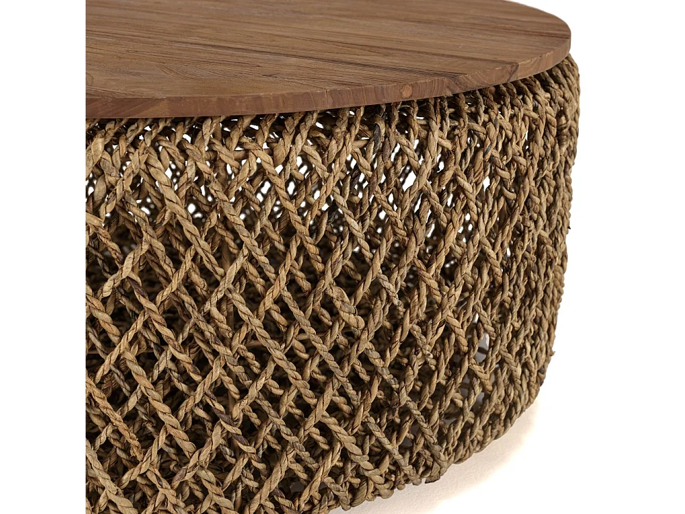 SIXTINE - Table basse ronde diam85 rotin plateau bois de teck recyclé