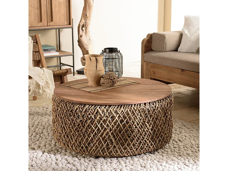 SIXTINE - Table basse ronde diam85 rotin plateau bois de teck recyclé