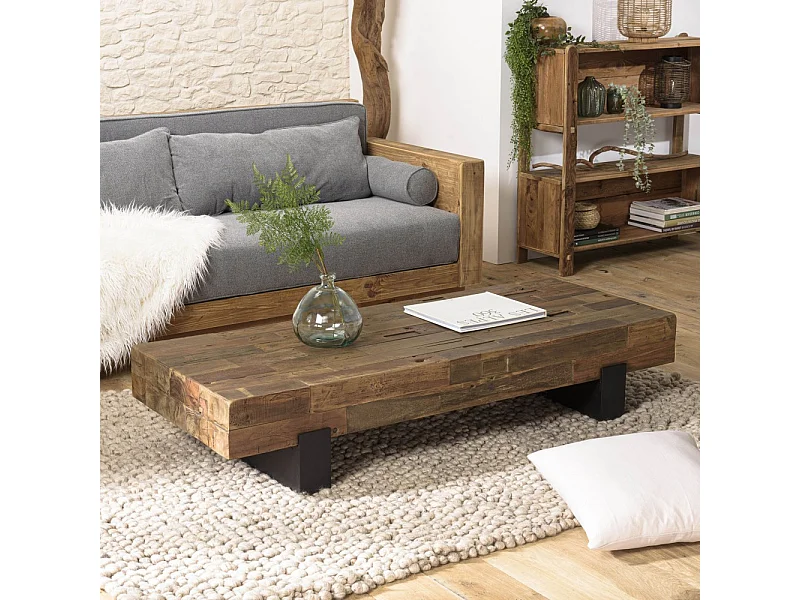 MATHIS - Table basse marron rectangulaire poutres bois massif