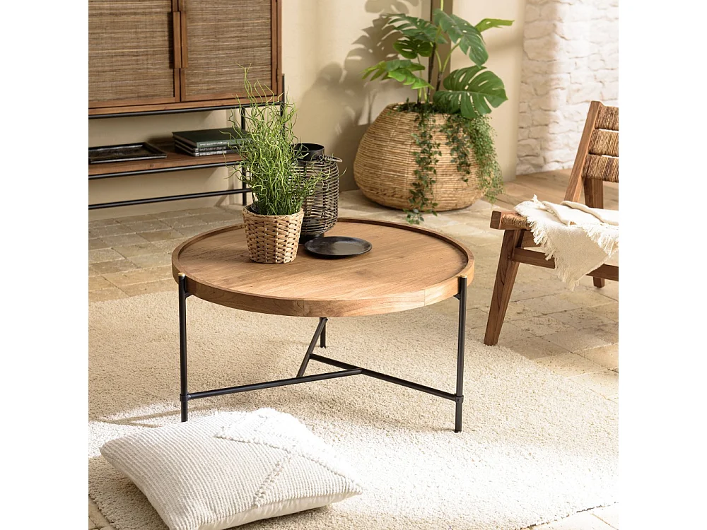 SIXTINE - Table basse ronde diam 78 plateau en bois de teck recyclé