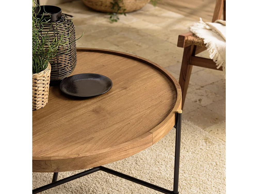 SIXTINE - Table basse ronde diam 78 plateau en bois de teck recyclé