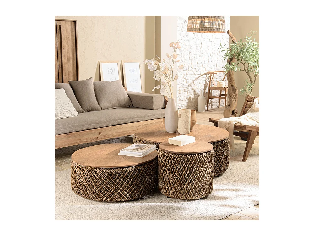 SIXTINE - Set de 3 tables basses rondes en tissage de fibre de cocotier