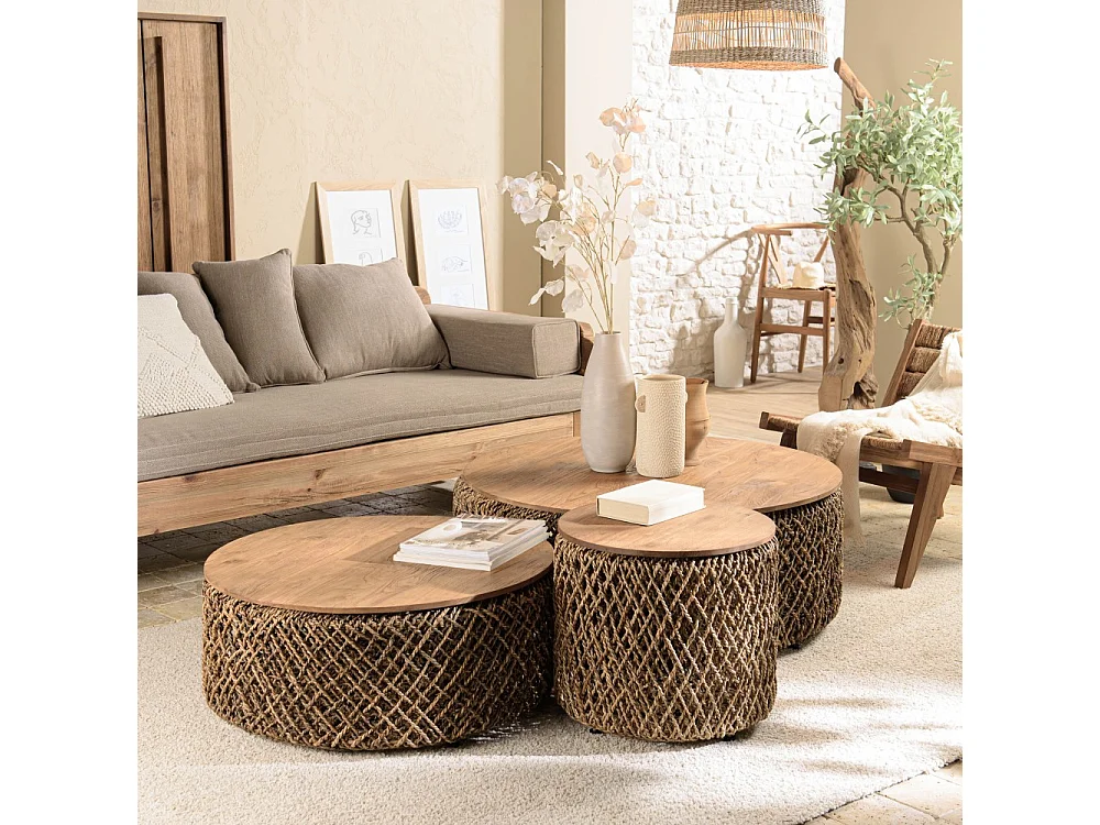 SIXTINE - Set de 3 tables basses rondes tissage de fibre de cocotier