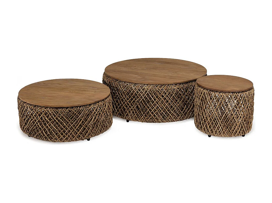 SIXTINE - Set de 3 tables basses rondes tissage de fibre de cocotier