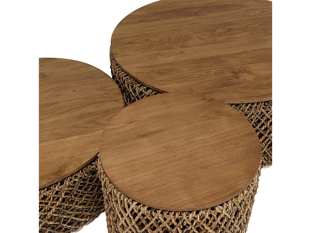 SIXTINE - Set de 3 tables basses rondes tissage de fibre de cocotier