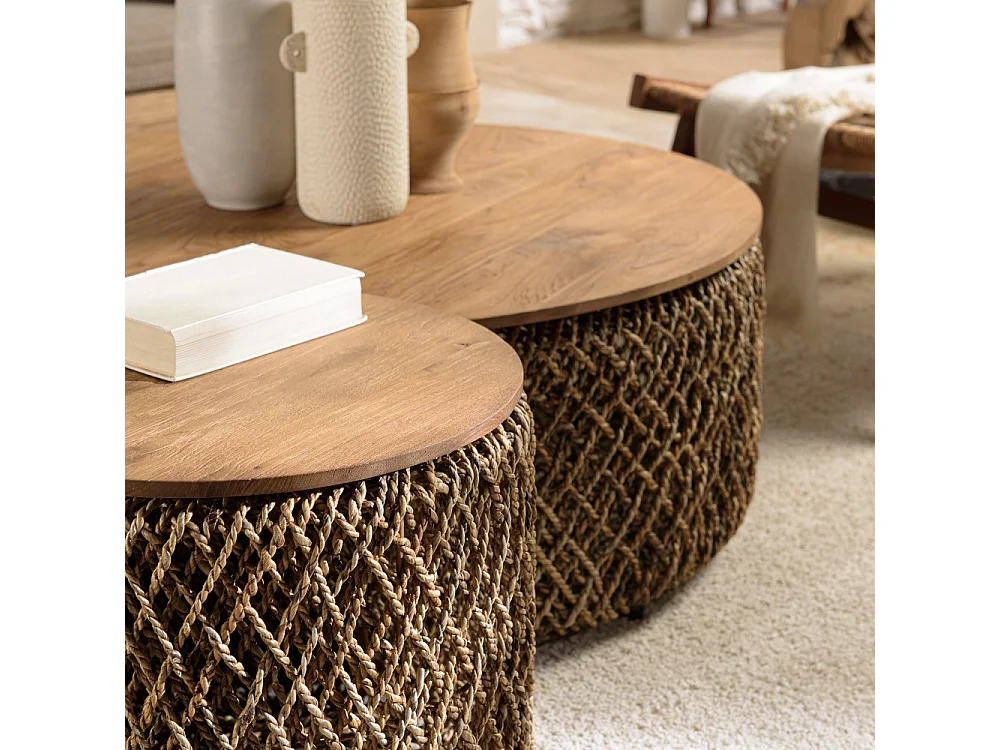 SIXTINE - Set de 3 tables basses rondes tissage de fibre de cocotier