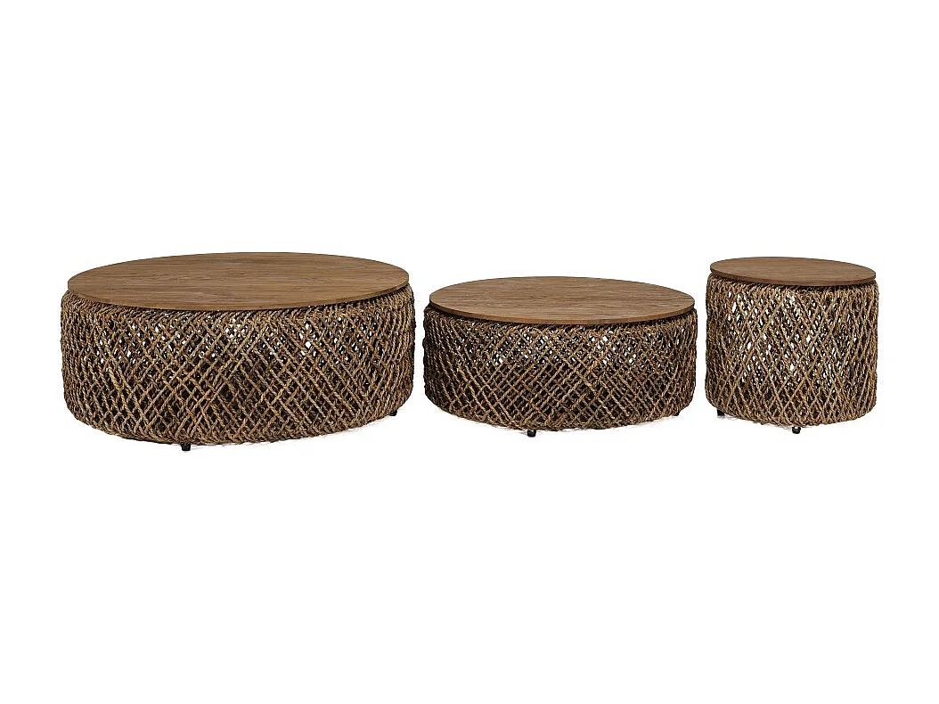 SIXTINE - Set de 3 tables basses rondes tissage de fibre de cocotier