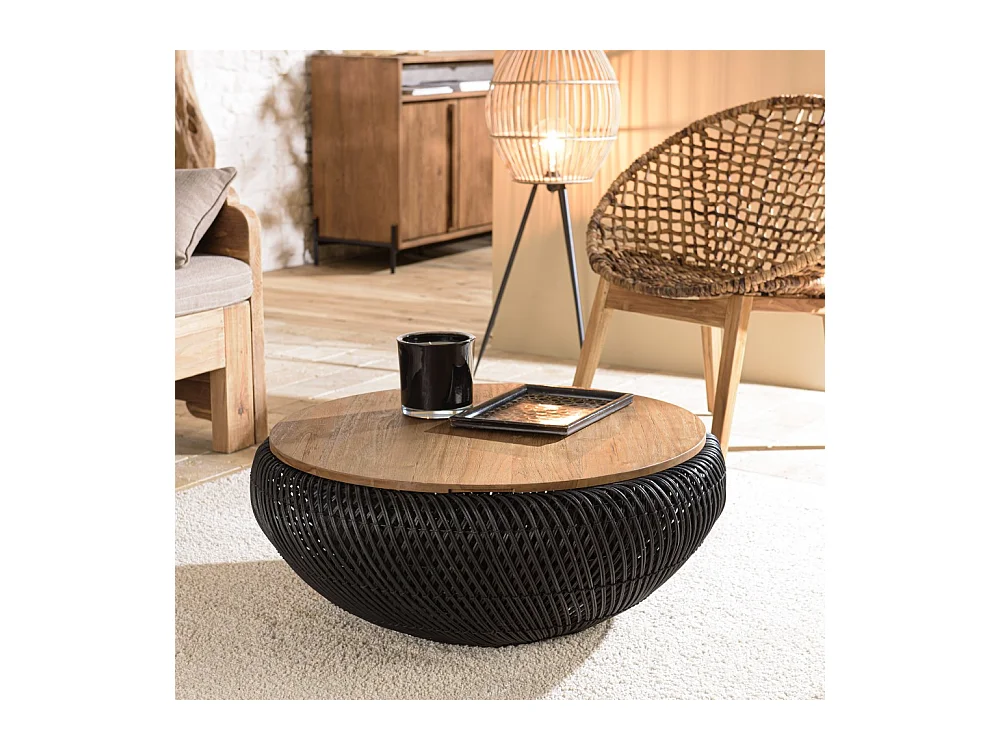 SIXTINE - Table basse ronde 80x80cm en rotin noir plateau amovible