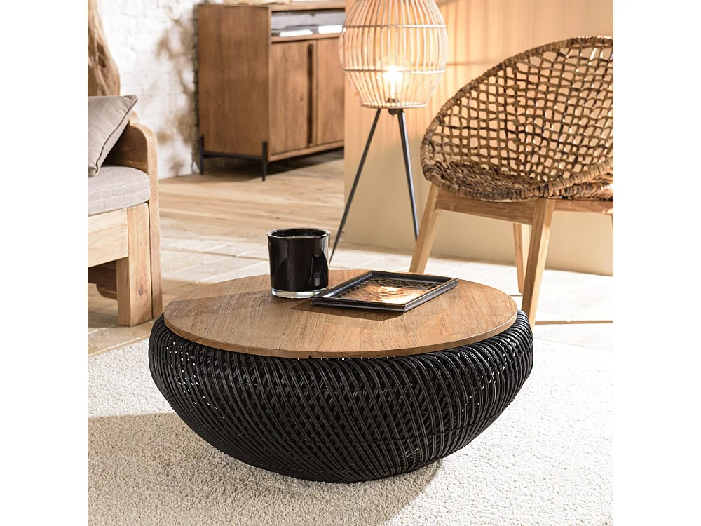 SIXTINE - Table basse ronde diam80 en bois de teck recylé rotin noir